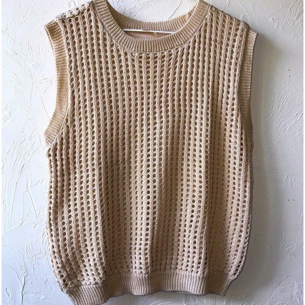 Nine Britton Womens M Beige Solid Open-Knit Crew Neck Sleeveless Sweater Vest